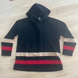RALPH LAUREN 1/4 zip hooded sweater size M Lambswool hooded Black Red Tan Stripe